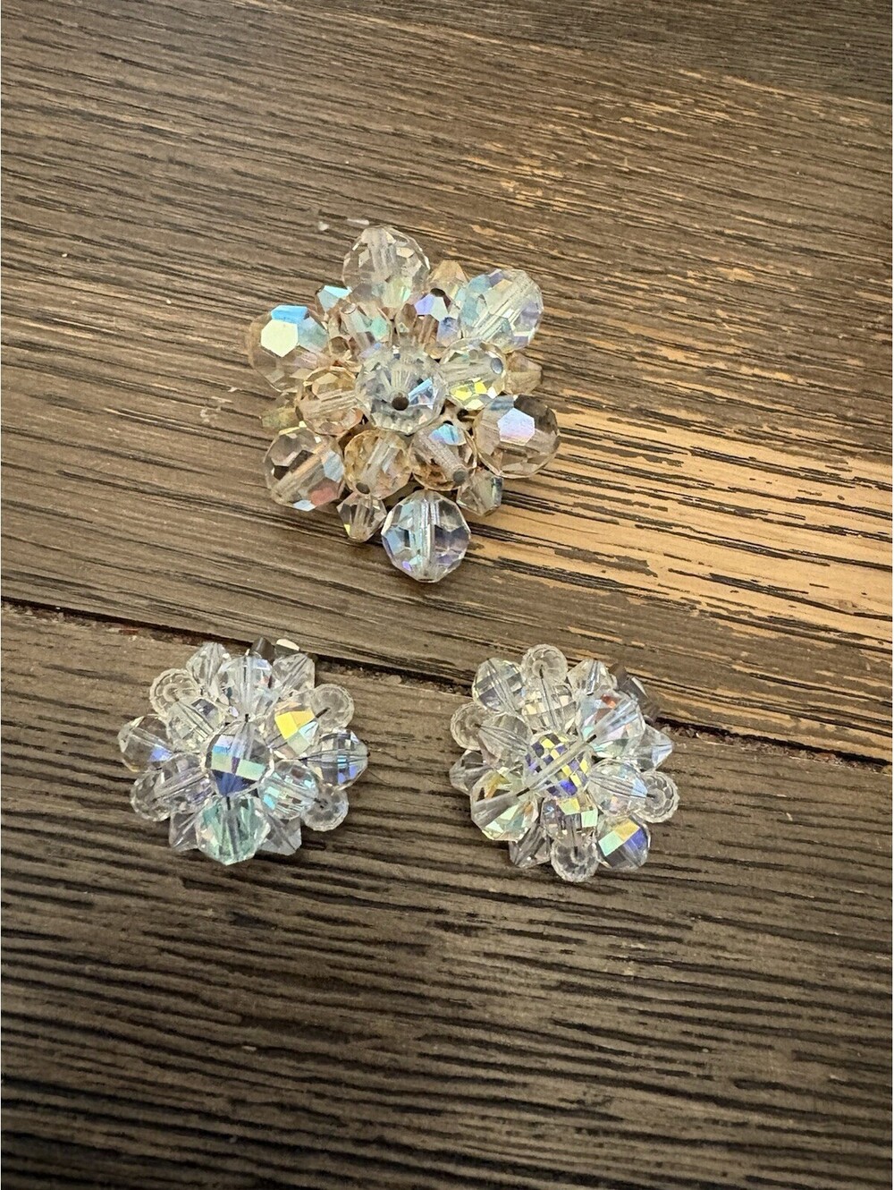 VTG AB Aurora Borealis Set Round Cluster Bead Crystal  Brooch And Clip Earrings